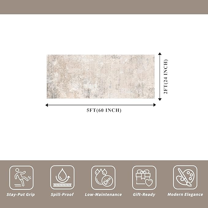 2x5 Washable Kitchen Rug Runner – Non-Slip Abstract Modern Neutral Small Rug for Bathroom, Hallway, Bedroom, Laundry Room, Entryway – Soft Low-Pile Thin with Rubber Backing (Beige Grey, 2x5)