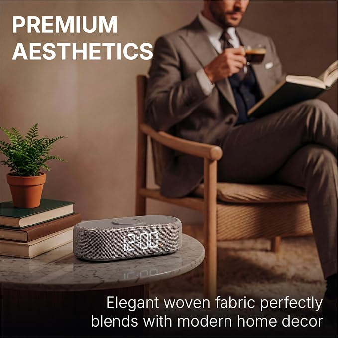 Fabric Digital Alarm Clock for Bedroom, Wireless Charging, Grey - Image 3