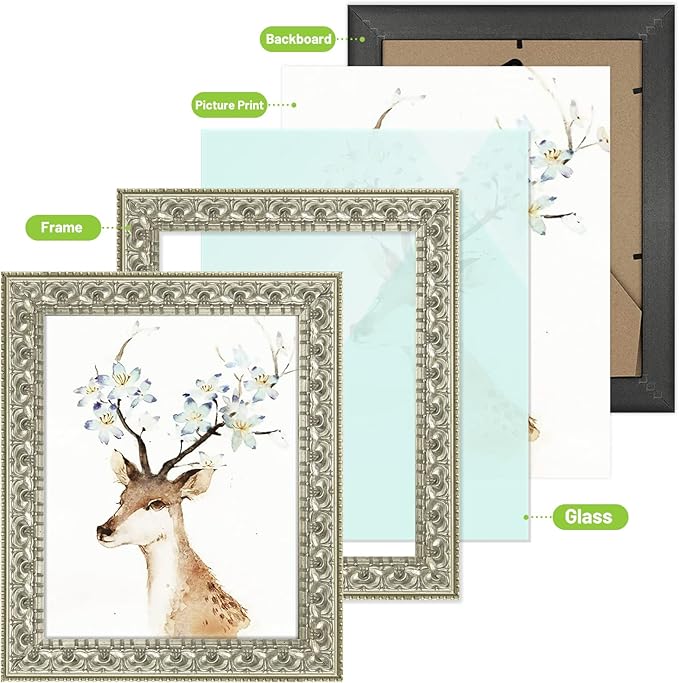 Golden State Art, 8X10 Ornate Finish Photo Frame, Silver Beige Color, Real Glass