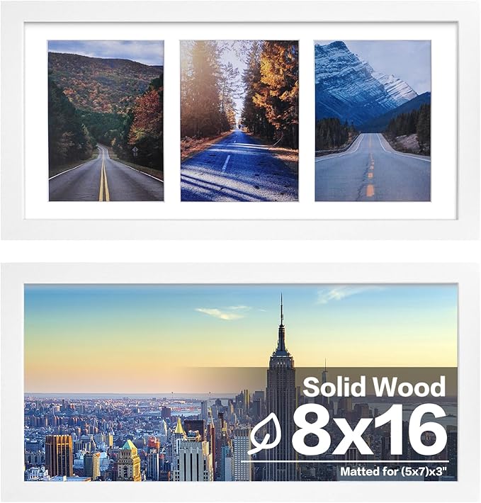 Egofine 8x16 Collage Picture Frame Set of 2, Display Multiple Three 5 x 7 Pictures with Mat or 8x16 Without Mat - Made of Solid Wood with Plexiglass - Horizontal and Vertical Formats for Wall, White