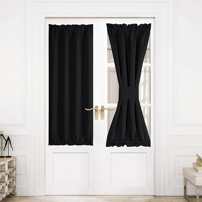 NICETOWN Black Blackout Door Curtains, Rod Pocket Privacy Thermal Insulated Sidelight French Door Curtains with Tieback, Window Covering, 1 Panel, 30 inch Wide x 64 inch Long