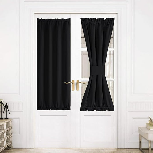 NICETOWN Black Blackout Door Curtains, Rod Pocket Privacy Thermal Insulated Sidelight French Door Curtains with Tieback, Window Covering, 1 Panel, 30 inch Wide x 64 inch Long