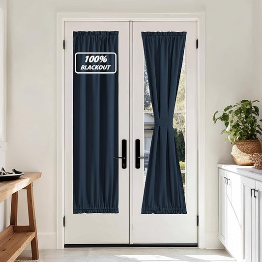NICETOWN 100% Blackout Door Curtain Thermal Insulated Privacy Curtain for French Front Door with Tieback, Room Darkening Window Covering for Kitchen, W25 x L72, 1 Panel, Navy