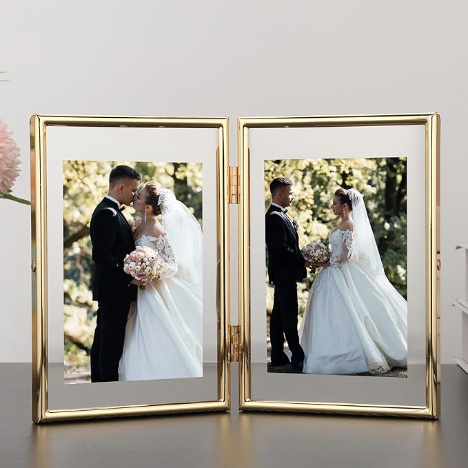 Gold 5x7 Double Floating Frame for Photo Sizes(3.5x5'',4x6''),Classy Metal Rounded Edge Frame Adjustable Tabletop/Shelf Photo Frame,for Wedding,Christmas,Birthady,Home or Office Decor.