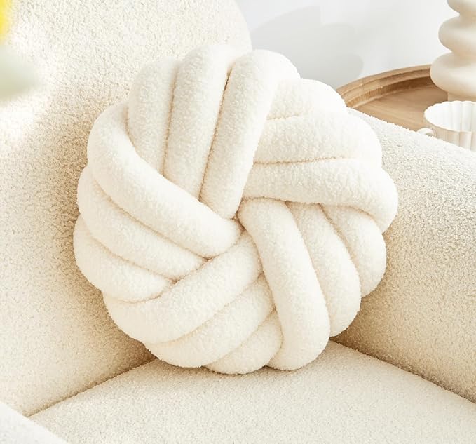 Cream White Knot Pillow 13.7'' Round Throw Pillow Soft Plush Knot Ball Pillow Handmade Knotted Pillow Modern Home Decorative Knotted Pillow Cushion for Bed Bedroom, Sofa, Couch
