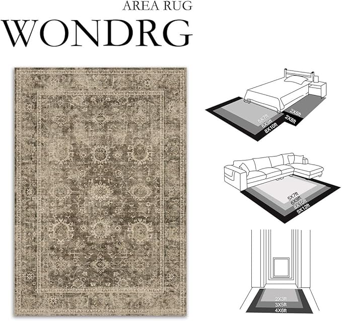 2x10 Washable Runner Rug for Kitchen Hallway Brown Vintage Non-Slip Low Pile Distressed Rustic Carpet Soft Long Throw Rug for Indoor Entryway Bedroom