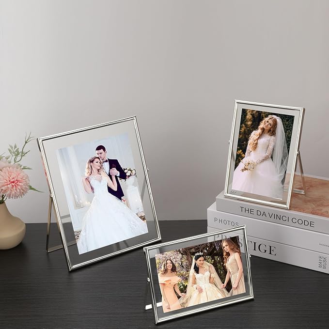Silver Floating Picture Frames Set of 3,Metal Beaded Photo Frames 7x9'', 6x8'' 6x6'' with Double Class for 5x7, 4x6, 5x5 - Tabletop Floating Picture Frames for Home Wedding Decoration,Gift for Christmas, wedding