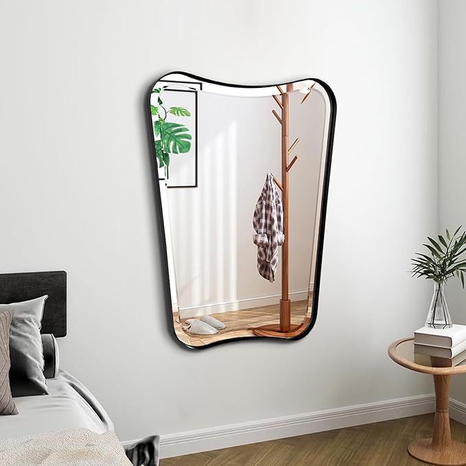 POZINO Irregular Beveled Mirror, 22"x30" Matte Black Bathroom Vanity Mirror for Over Sink, Modern Aesthetic Butterfly Shape Decorative Mirrors for Bedroom Living Room Entryway Hallway Fireplace