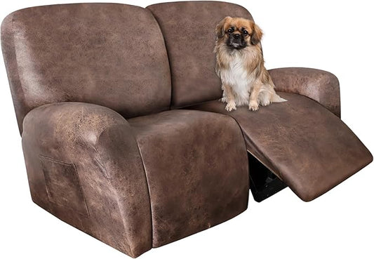 ANARACHON Loveseat Recliner Cover Leather Look Recliner Loveseat Covers Recliner Sofa Cover for 2 Seater Reclining Couch Spandex Fabric Washable 6 Pieces (2 Seater, 02 Light Brown)