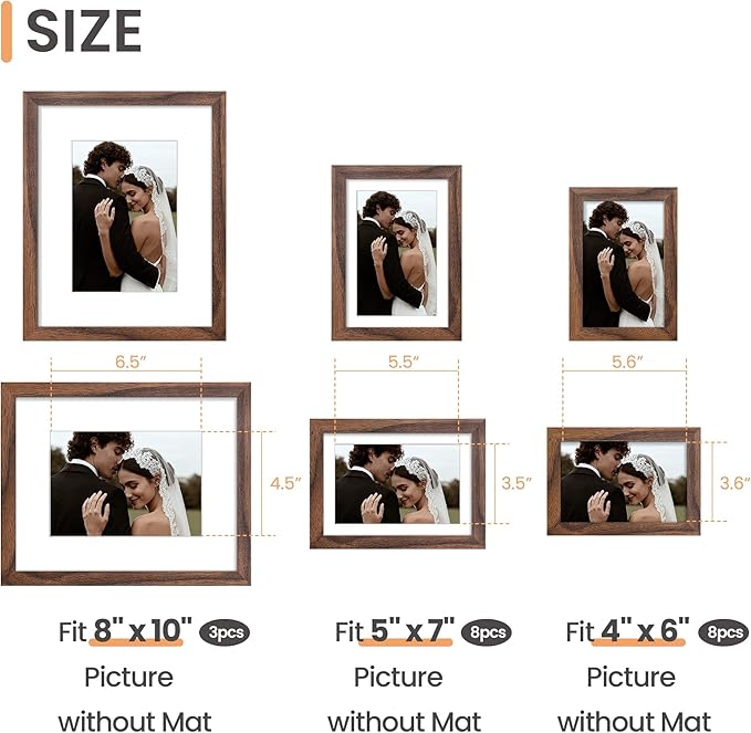 upsimples 19 Pack Picture Frames Collage Wall Decor for Mounting or Tabletop Display, Photo Gallery Frame Set for Family, Multi Sizes Including 8x10, 5x7, 4x6, Brown
