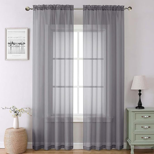 Lecloud Charcoal Grey Sheer Curtains 90 Inches Long 2 Panels, Light Filtering Voile Breathable Curtains, Privacy Solid Window Treatments with Rod Pocket for Bedroom Living Room, Each 42" W x 90" L