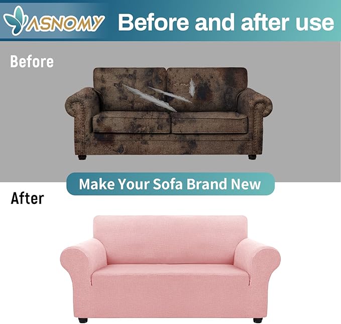 Asnomy Sofa Covers for 2 Cushion Couch Stretch loveseat Covers Slipcovers, Pet Protector Furniture Covers for Dogs Cats Spandex Jacquard Fabric Small Checks （Medium，Pink）