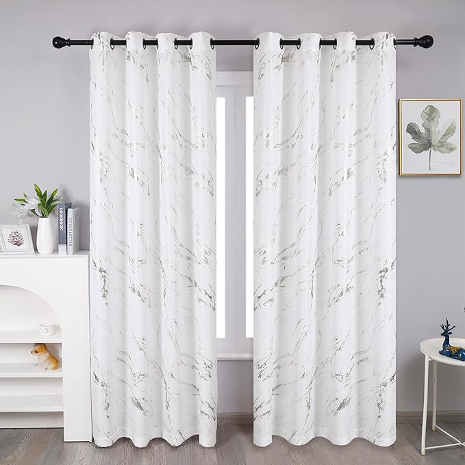 Taisier Home Silver Foil Print Linen Textured Curtains - Geometric Marble Pattern Design for Living Room - Thermal Insulated Window Treatment, 2 Panels, 72" L, Off White and Silver