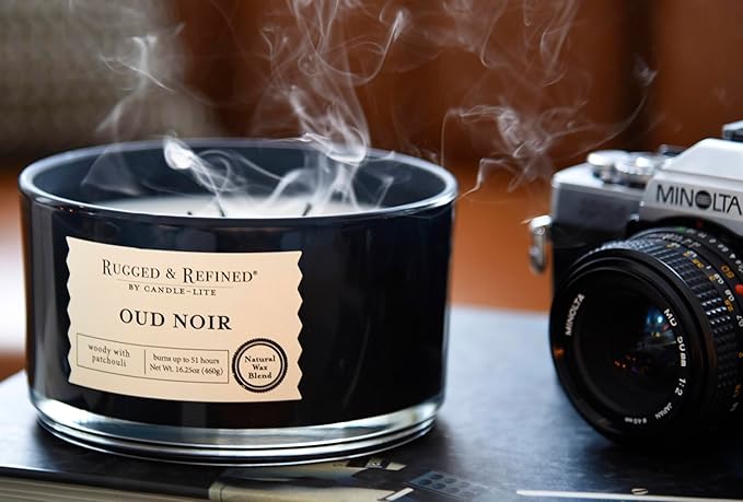 Candle-Lite Scented Candles for Men, Oud Noir Fragrance, 16.25 oz Jar, 3-Wick, 51 Hours of Burn Time, Masculine Aromatherapy with Long Lasting Scent, Ideal Gift for Father's Day and Home Decor