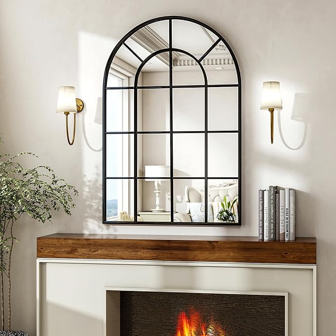 24"×36" Windowpane Arched Wall Mirror, Grid-Designed Decorative Farmhouse Wall Mounted Mirror with Metal Frame Hanging Leaning for Entryway, Living Room, Home Decor, Black