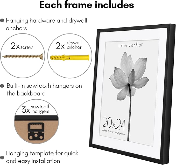 Americanflat 20x24 Picture Frame with Polished Plexiglass - Use as 16x20 Frame with Mat or Display 20x24 Photo Without Mat - Soho Collection - Deep Molding Picture Frames for Wall Display - Black