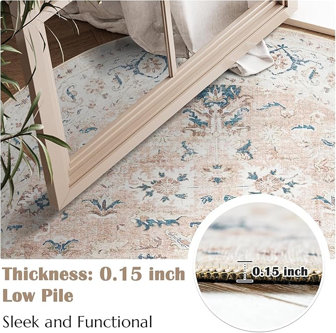 jinchan Round Rug 7ft Area Rug - Washable Boho Vintage Floral Circle 7' Round Floor Cover Lightweight Low Pile Thin Throw Non-Slip Carpet for Kitchen Living Room Bedroom Dining Room Office Pink Blush
