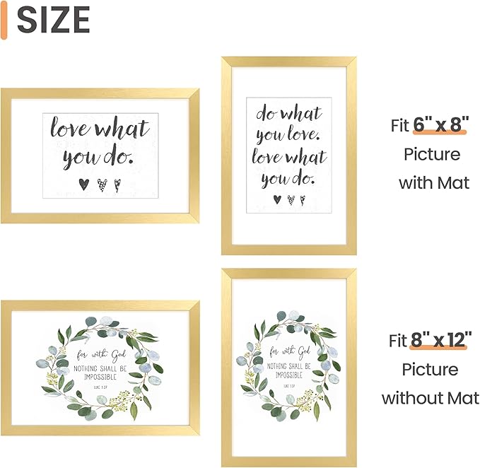 upsimples 8x12 Picture Frame, Display Pictures 6x8 with Mat or 8 x 12 Without, Wall Hanging Photo Frames, Gold, 1 Pack