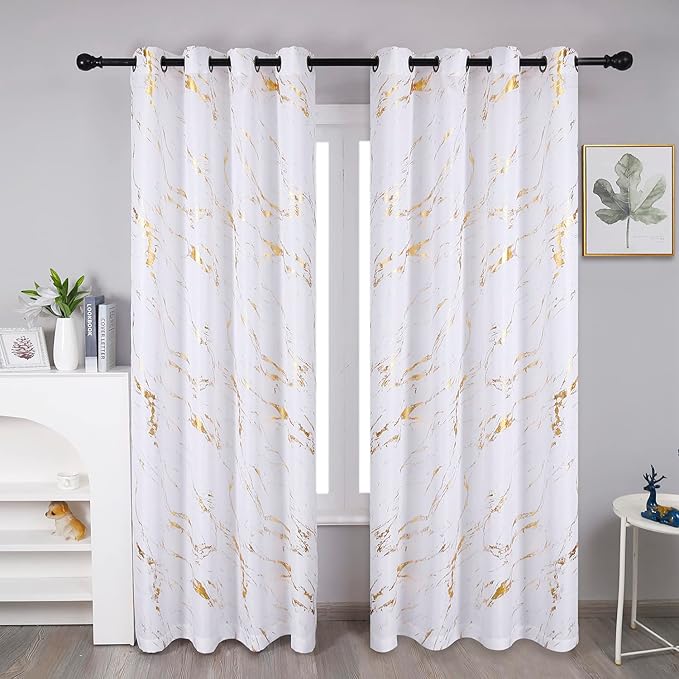 Taisier Home Gold Foil Print Linen Textured Curtains - Geometric Marble Pattern Design for Living Room - Light Filtering Window Treatment, 2 Panels, 84" L, White and Gold
