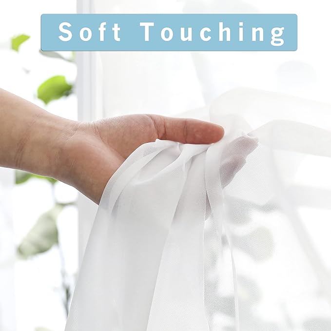 OWENIE White Short Sheer Curtains 24 Inches Long 2 Panels Set for Kitchen Window, Rod Pocket Light Filtering Sheer Tier Curtains for Small Laundry Room, RV, Camper Travel Trailers, 42 W x 24 L