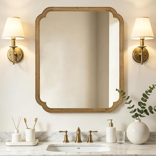 WallBeyond 30" x 36" Rounded Corner Arch Wall Mirror with Wood Frame for Entryway, Living Room or Bedroom Home Decor - Light Woodgrain [30 x 36 inches, Natural Color]