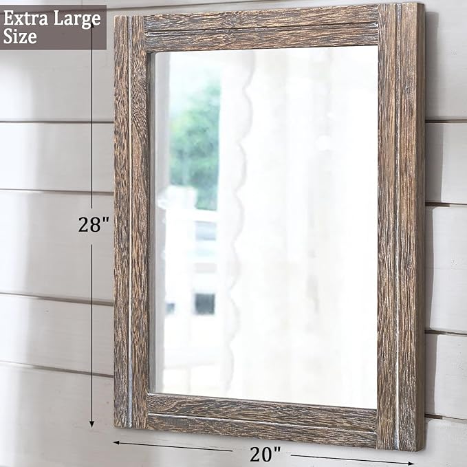 AAZZKANG Large Mirror with Wood Framed 28"x20" Rectangle Rustic Wall Mirror Decor for Bedroom Bathroom Living Room Entryway