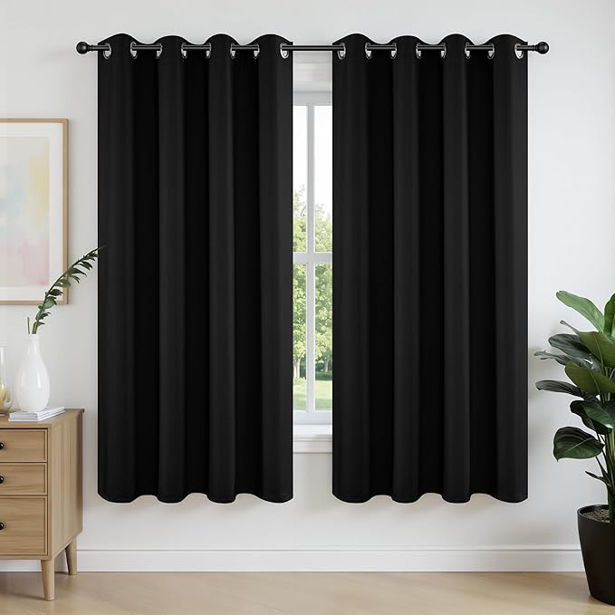 Joydeco Blackout Curtains 45 Inch Length 2 Panels Set, Thermal Insulated Long Curtains& Drapes 2 Burg, Room Darkening Grommet Drapes for Living Room Bedroom Window (W52 x L45 Inch, Black)