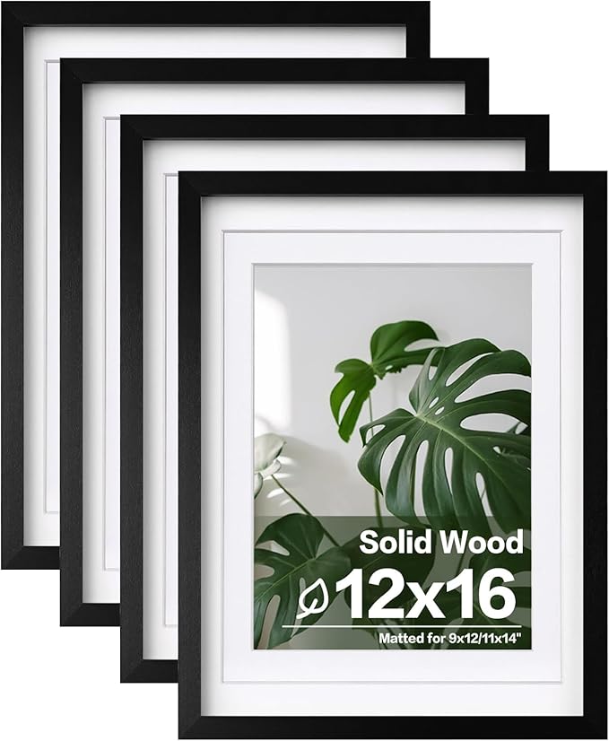 Egofine 12x16 Picture Frames 4PCS Covered by Plexiglass, Made of Solid Wood, Display Pictures 9x12/11x14 with Mat or 12x16 Without Mat for Wall Mounting, Black with Texture