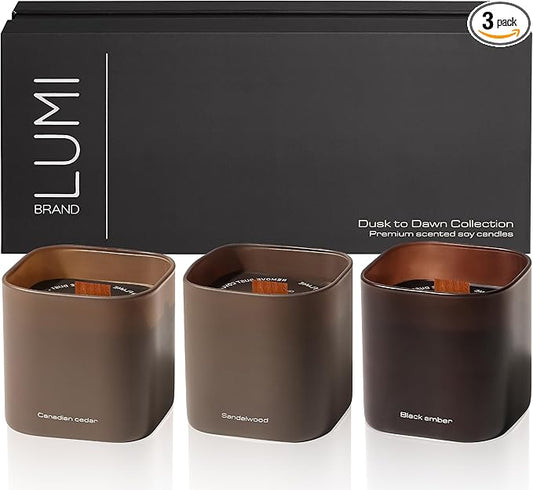 Set of 3 Premium Scented Soy Candles Gift Set | Dusk to Dawn Collection - Canadian Cedar, Black Amber & Sandalwood | Crackling Wood Wick | Luxury Candles for Relaxation, Home Décor, Gifts | 9.8oz Each