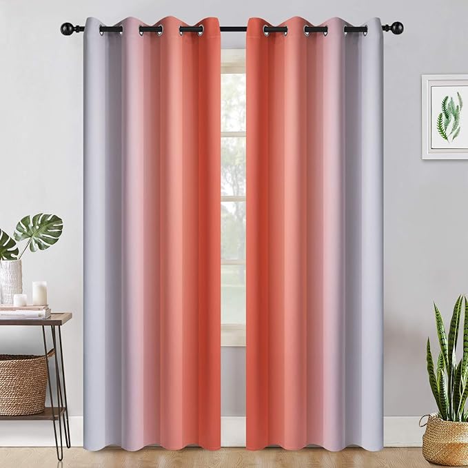 COSVIYA Grommet Ombre Room Darkening Curtains 84 inch Length 2 Panels, Coral and Off White Gradient Drapes Light Blocking Insulated Thermal Window Curtains for Bedroom/Living Room,52x84 inches
