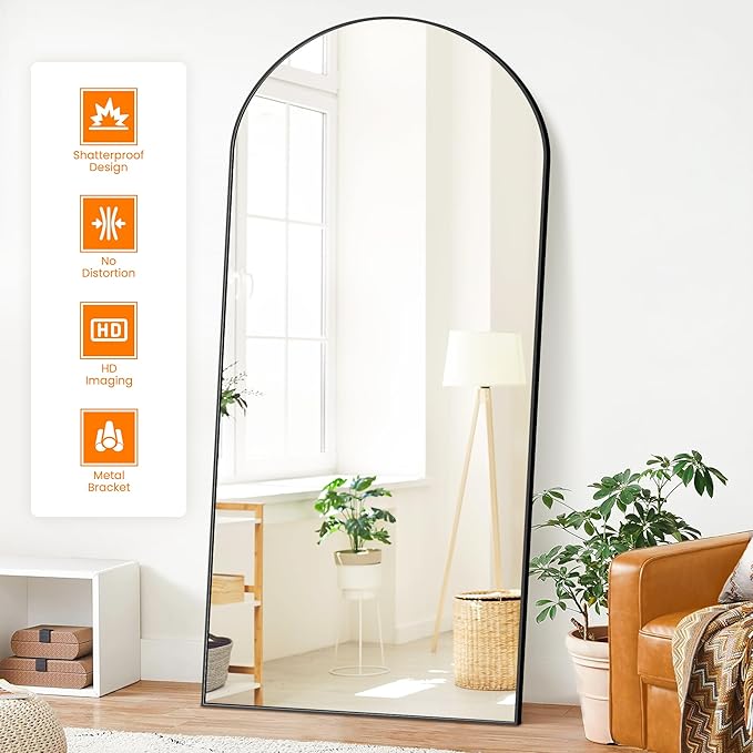 TRAHOME Full Length Arched Mirror, 75"x35" Standing Floor Full Body Mirror for Wall with Aluminum Alloy Frame for Bedroom, Living Room, Dressing Room(Black)