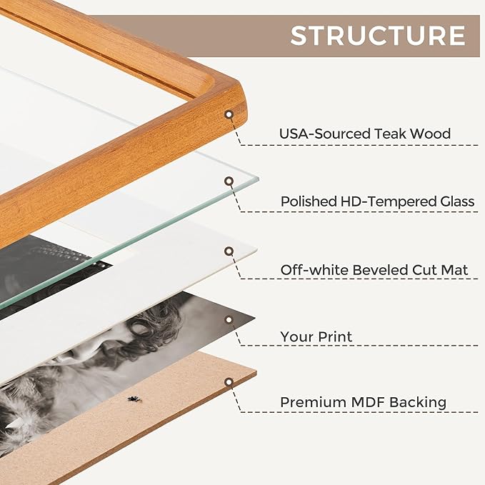 Fun Memories 8x10 Picture Frame, USA-Sourced Teak Wood Photo Frames with HD Tempered Glass, Handcrafted Rounded Corner 8 x 10 Wooden Frames Matted to 5x7 Photos, 8x10 Frame, Tabletop or Wall Display