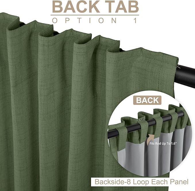 100% Blackout Shield Olive Green Linen Blackout Curtains for Bedroom 84 Inches Long, Back Tab/Rod Pocket Living Room Drapes, Thermal Insulated Blackout Curtains 2 Panels Set, 50" W x 84" L