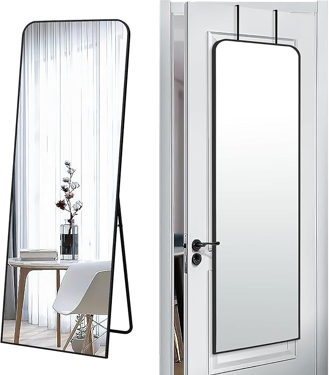 SCWF-GZ 57x20 Door Hanging Full Length Mirror, Floor (Height 5.7ft just Body in 1.3ft) or Wall Mounted Metal Frame Rectangle Dressing Mirrors for Bedroom Bathroom Living Room 57 inch Black