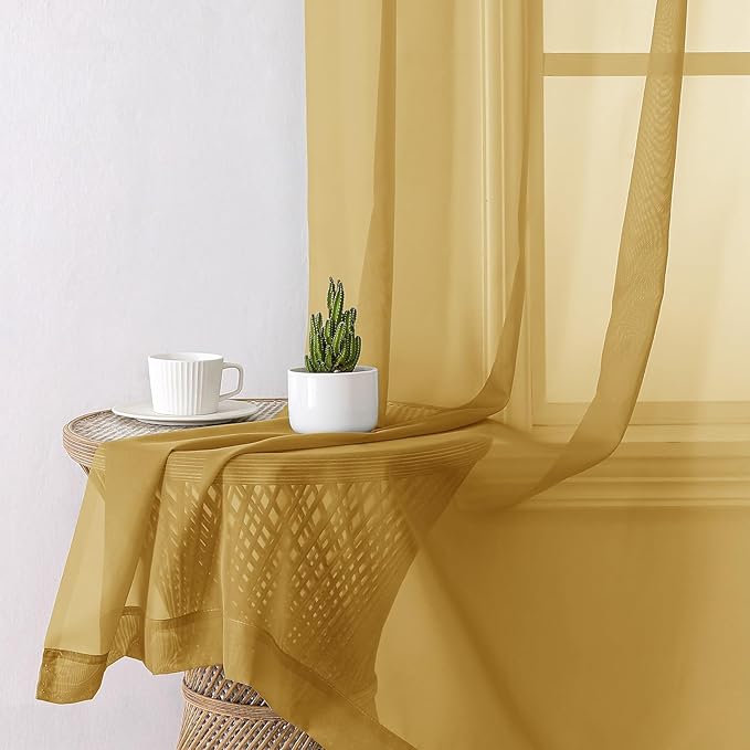 Lecloud Gold Sheer Curtains 63 Inch Length 2 Panels, Airy Light Filtering Voile Curtain Drapes for Bedroom Windows, Dual Rod Pocket Living Room Sheer Curtains Decor, 40 W x 63 L Inches, Gold