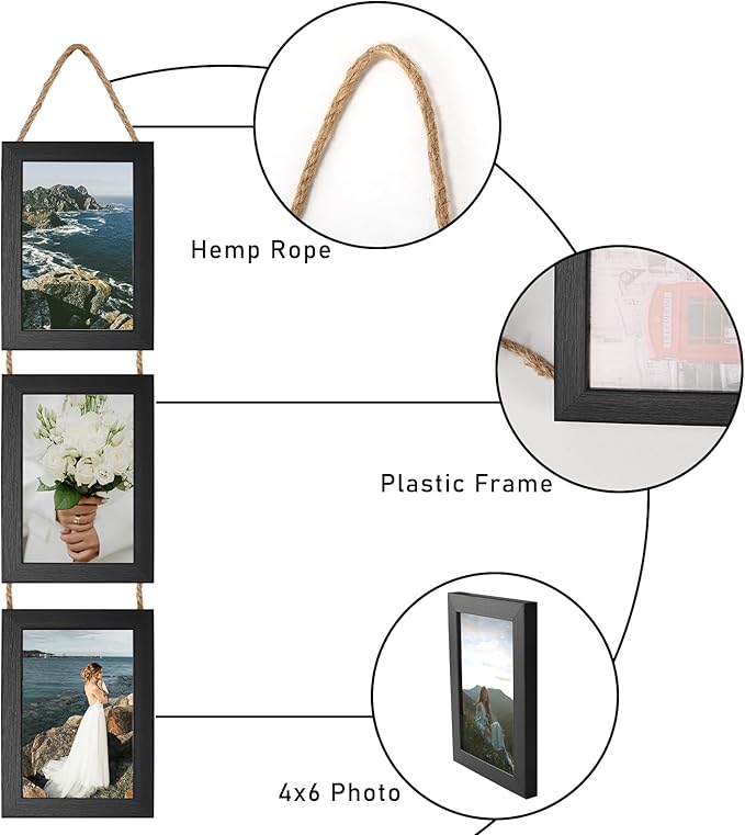 Lavezee 4x6 Picture Frames Collage Black, 3 Opening 4 x 6 Hanging Picture Frames Vertical for 4 by 6 Inch Photos for Wall Decor