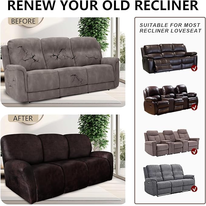 ANARACHON Leather Look Recliner Couch Cover 8-Piece Recliner Sofa Slipcovers 3 Seater for Reclining Couches Furniture Protector Washable (Recliner Sofa, Chocolate)