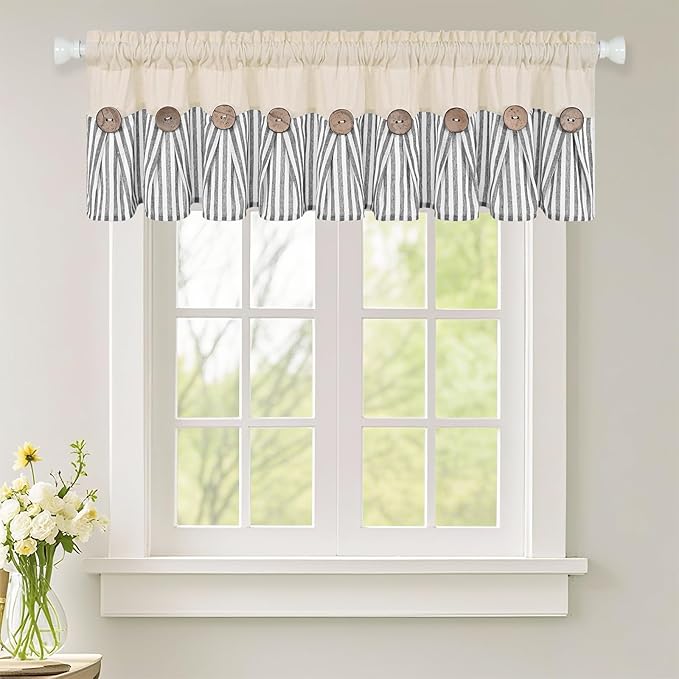 ASPMIZ Cotton Linen Kitchen Curtains Valance, Boho Rustic Button Valances for Windows Farmhouse Style, Grey Stripe Window Valances for Bathroom Cafe, Tie Up Valance for Kitchen Windows, 60 x 14 Inch