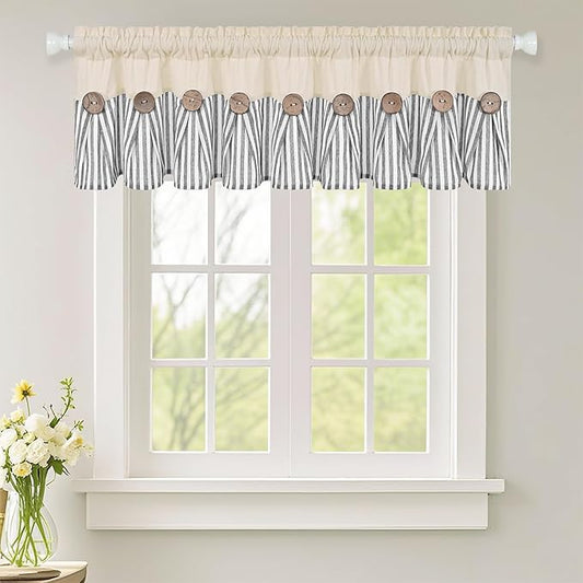 ASPMIZ Cotton Linen Kitchen Curtains Valance, Boho Rustic Button Valances for Windows Farmhouse Style, Grey Stripe Window Valances for Bathroom Cafe, Tie Up Valance for Kitchen Windows, 60 x 14 Inch