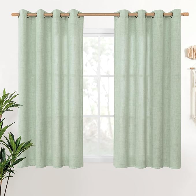 YoungsTex Linen Curtains 45 Inch Length for Living Room, Short Light Filtering Drapes Textured with Bronze Grommet Privacy for Bedroom Decorative, Sage Green, 52 x 45 Inch, 2 Panels
