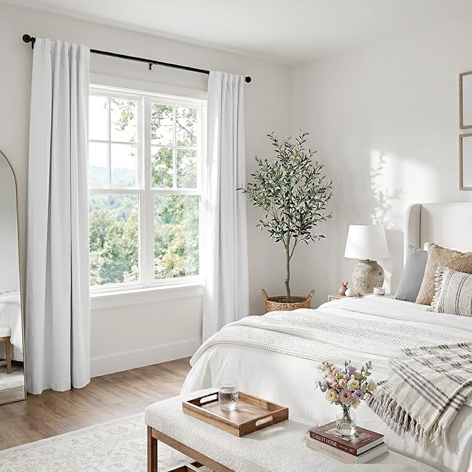 100% Blackout Shield White Linen Blackout Curtains for Bedroom 84 Inches Long, Back Tab/Rod Pocket Living Room Drapes, Thermal Insulated Blackout Curtains 2 Panels Set, 50" W x 84" L,Blanc de Blanc