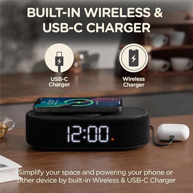 Fabric Digital Alarm Clock for Bedroom, Wireless Charging, Black - Image 2