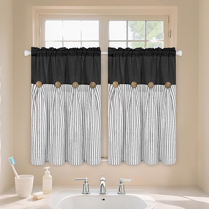 ASPMIZ Cotton Linen Farmhouse Kitchen Curtains, Black with Grey Stripe Tier Curtain 36 Inch Lenth, Boho Rustic Button Short Curtains for Small Window, Half Window Curtain for Kitchen Cafe, 2 Panels