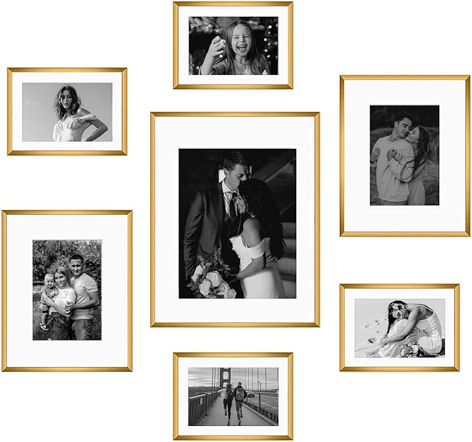 Frametory, Bronze Aluminum Picture Frame with Removable Mat - Set of 7 Includes Four 5x7, Two 8x10, One 11x14 - Real Glass Front - Simple Gallery Wall Frames for Art Prints and Posters