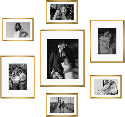Frametory, Bronze Aluminum Picture Frame with Removable Mat - Set of 7 Includes Four 5x7, Two 8x10, One 11x14 - Real Glass Front - Simple Gallery Wall Frames for Art Prints and Posters
