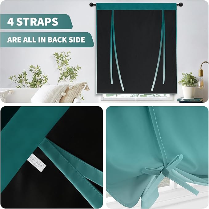 COSVIYA 100% Blackout Ombre Teal Adjustable Tie Up Curtains for Kitchen Thermal Insulated Room Darkening Valance Rod Pocket Balloon Roman Shade for Small Window,48" L x 34" W, 1 Panel