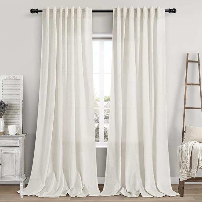 Cream Linen Curtains 106 Inches Long for Living Room Extra Long Back Tab Curtains Neutral Farmhouse Light Filtering Semi Sheer Linen Drapes Ceiling to Floor for Large Window 2 Panels Set 52x106