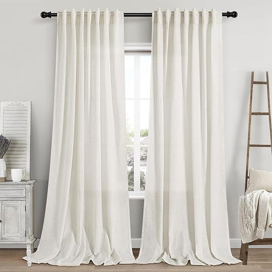 Cream Linen Curtains 106 Inches Long for Living Room Extra Long Back Tab Curtains Neutral Farmhouse Light Filtering Semi Sheer Linen Drapes Ceiling to Floor for Large Window 2 Panels Set 52x106