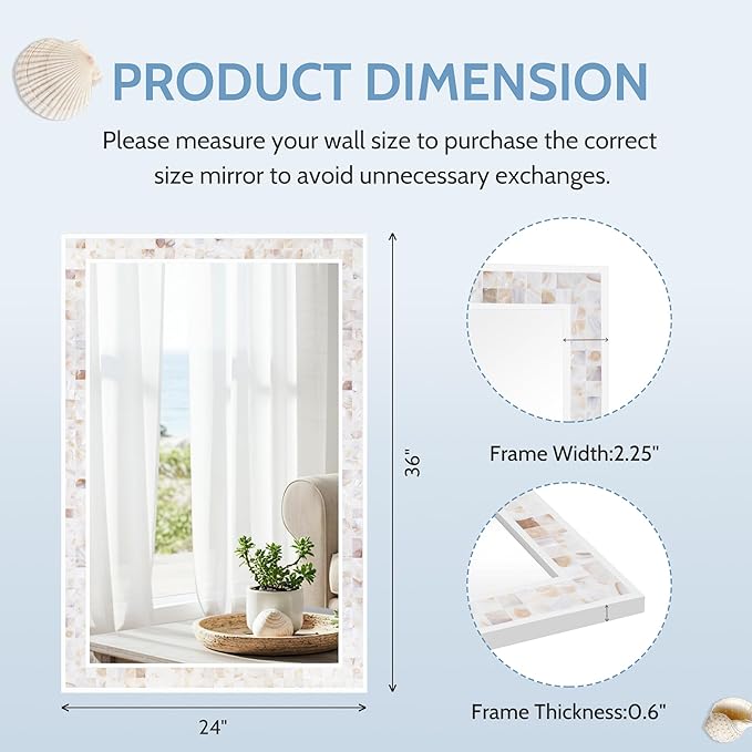Tanmicoshomy Brown Shell Framed Rectangular Wall Mirrors for Bathroom, 24x36 Inch Mosaic Mirror for Bedroom Living Room or Entryway, Wall Mounted Horizontal or Vertical Hanging