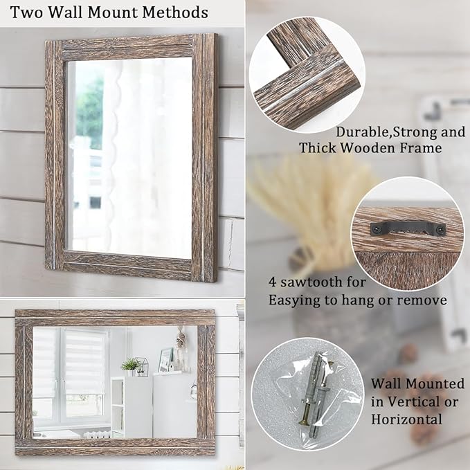 AAZZKANG Mirror with Wood Framed Rectangle Rustic Wall Mirrors Decor Large 26"x18" for Bedroom Bathroom Living Room Entryway